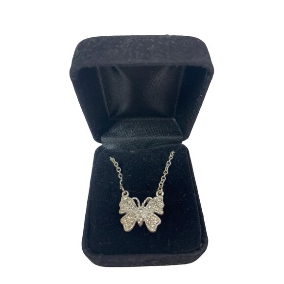 Butterfly Pendant Necklace Rhinestone Detailing On Silver-Tone Chain - Picture 4 of 4